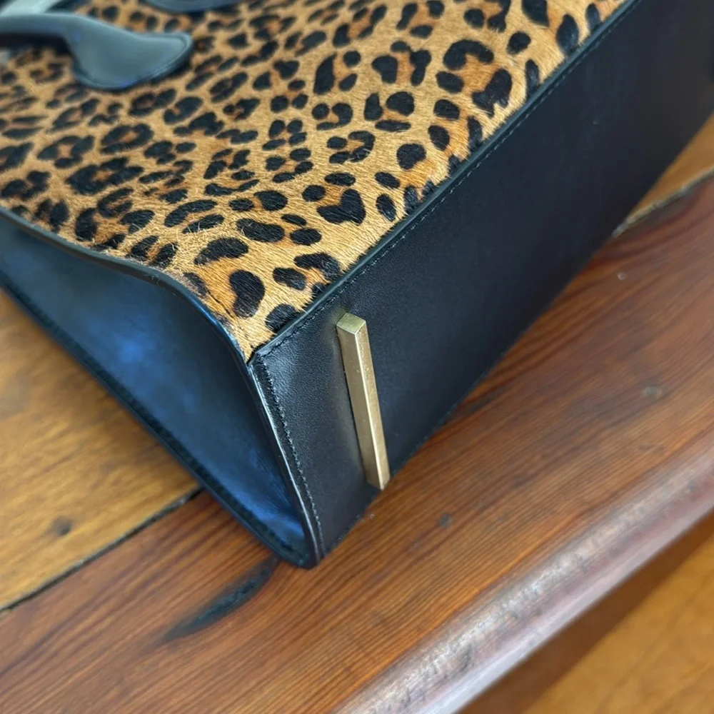 Celine Dion Octave Leopard Print Handbag with Black Accents Leather Satchel.